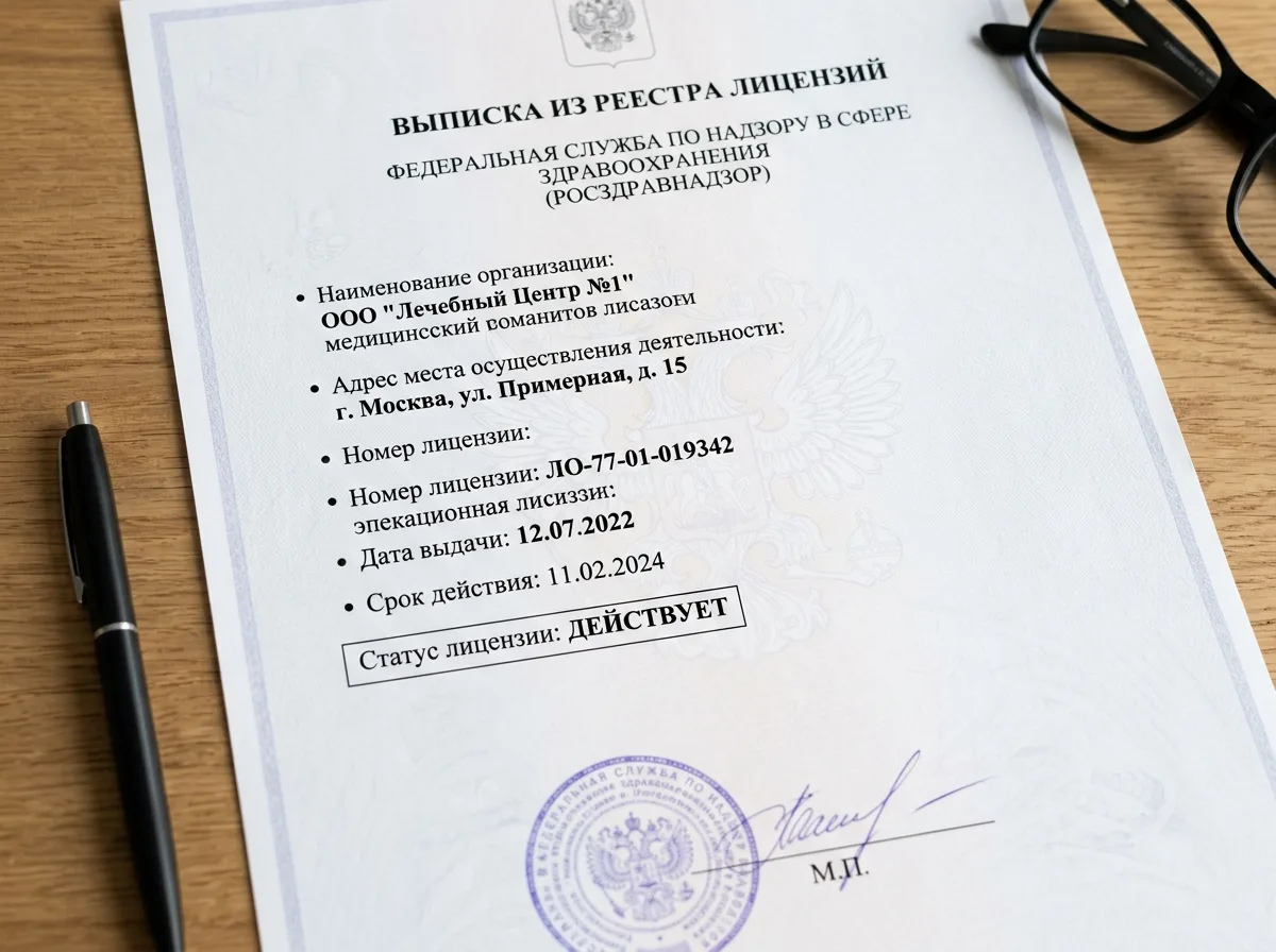 Выписка из реестра лицензий Росздравнадзора, подтверждающая действующий статус медицинской лицензии клиники, официальный документ на белом фоне