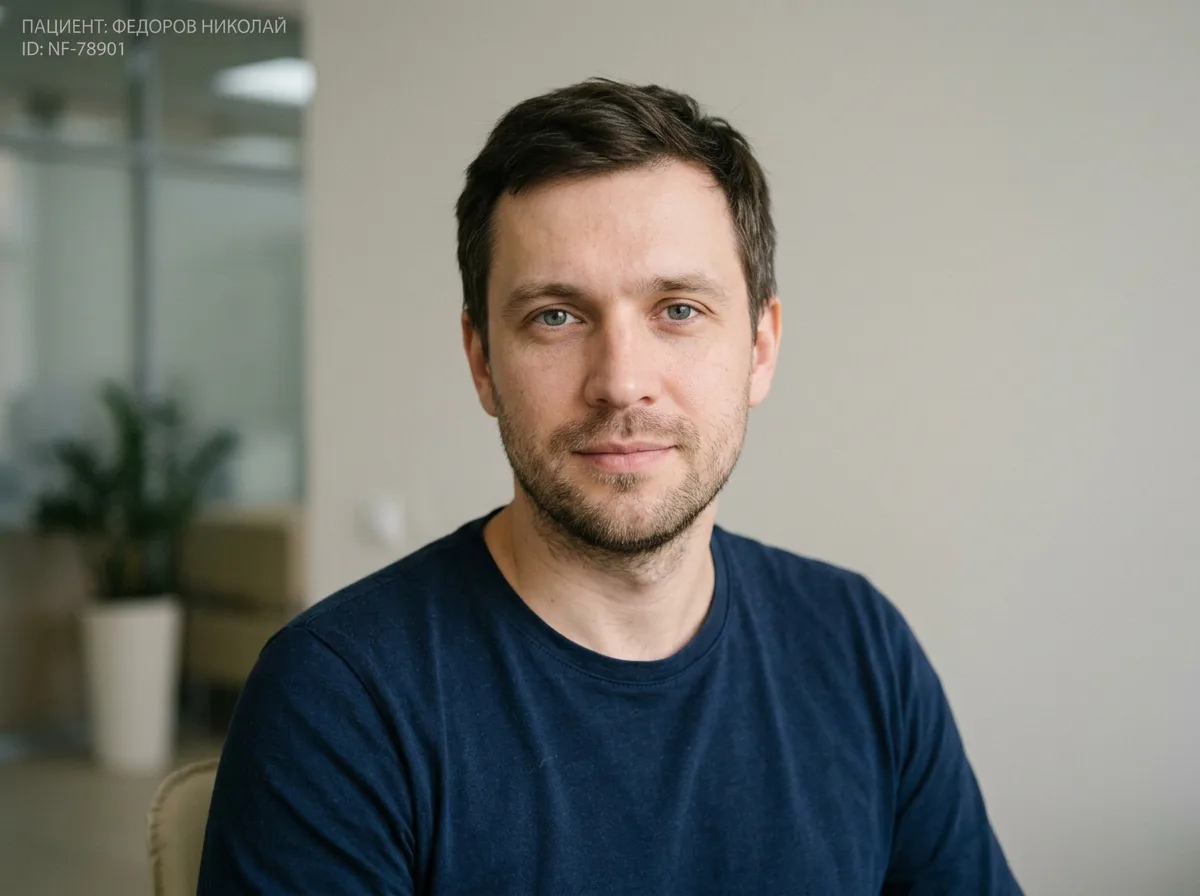 Аватар пациента Федорова Николая, мужчина около 34 лет, спокойное выражение лица, нейтральный фон