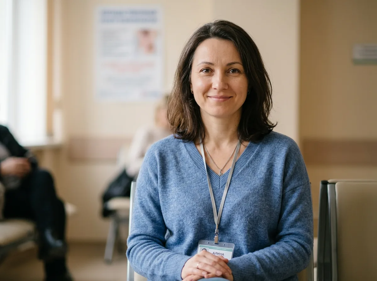 Аватар пациентки Алины, женщина около 39 лет, приятная внешность, нейтральный фон